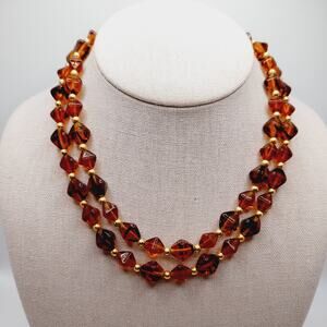 Vintage Topaz Glass Bead Two Strand Necklace Gold Tone Toggle Clasp 16”